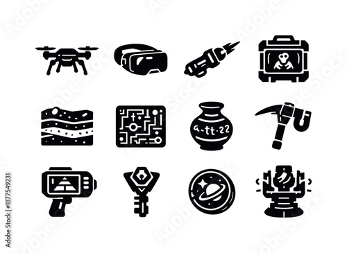 Xeno-Archaeology Icon Set. Extraterrestrial archaeology. Solid icon set of xeno-archaeology tools and finds: excavation drone, scanning visor, plasma brush,