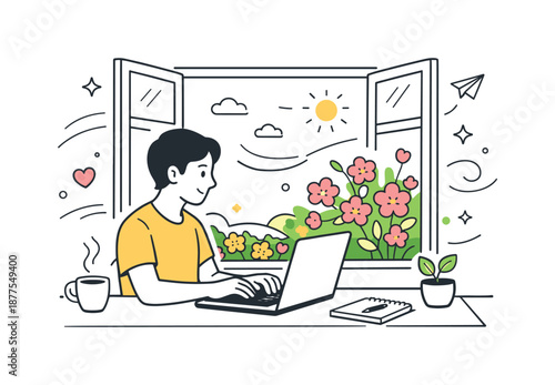 Springtime Remote Work. Remote work in spring. A person working on a laptop near an open window with blooming plants outside. Calm productivity and fresh air,