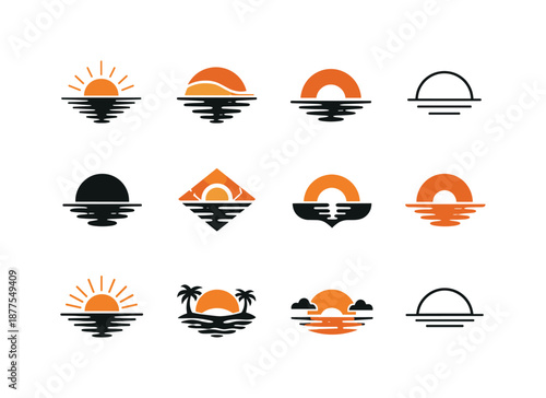 Sunset Logo Grid. Sunset. Icon set. Set Logo of sunset: sunset reflection symbol. harmonious logo variations of the same emblematic concept, each