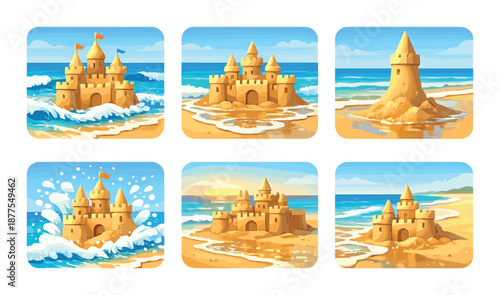 Six enchanting sandcastle designs by the sea with waves and clear skies