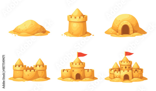 Stages of sandcastle building: from mound to castle with flags