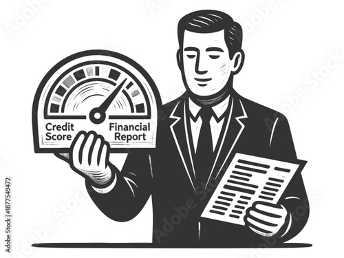 professional holding a document and a credit gauge, symbolizing financial review, credit health, and economic responsibility sketch engraving generative ai vector illustration. Scratch board imitation
