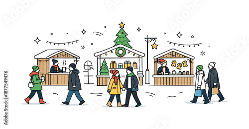 Christmas Market Stroll. Visiting Christmas market. People walking between festive stalls with lights and decorations, calm winter stroll and cozy holiday