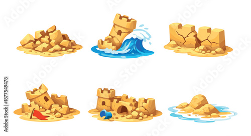 Cartoon sandcastles and crumbling sand structures with ocean waves