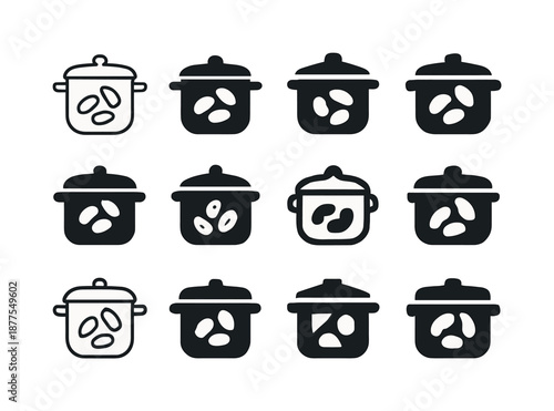 Cooked Beans Logos. cooked beans. Icon set. Set Logo of cooked beans: bean pot. harmonious logo variations of the same emblematic concept, each with different