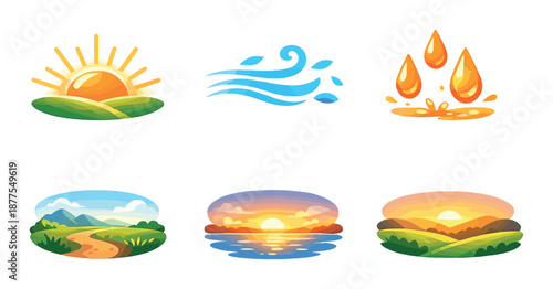 Colorful symbols of nature elements: sun, water, fire, and landscapes