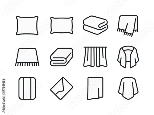 Soft Cover Icons. Soft covers. Line icon set of Soft covers: cushion cover, pillowcase, plush blanket, fleece throw, soft rug, linen sheet, fabric drape,