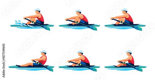 Male athlete rowing sequence: illustrative stages of rowing exercise