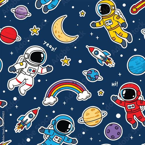 Playful Astronauts in Space Cartoon Seamless Pattern