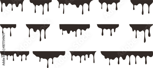 Dripping paint border set isolated on white background. Black ink and liquid drip edges forming grunge decorative dividers. Urban design elements for graffiti style posters, banners, and graphic 