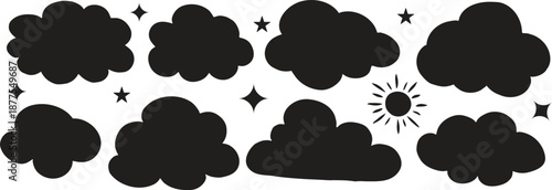 Cloud silhouette icon set with weather symbols isolated on white background. Black sky clouds with sun and stars in flat cartoon style. Meteorology and nature graphics for apps, forecasts, and design 
