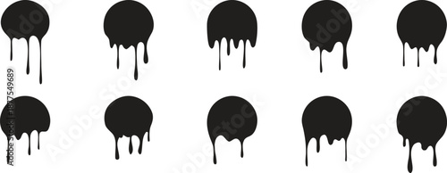 Dripping paint circle icons set isolated on white background. Black ink and paint drip shapes creating a bold grunge effect. Urban design elements for graffiti style art, posters, and graphic projects