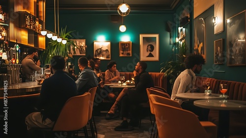 Sophisticated patrons enjoying craft cocktails and conversation inside a dimly lit, upscale bar featuring deep teal walls and contemporary artwork.