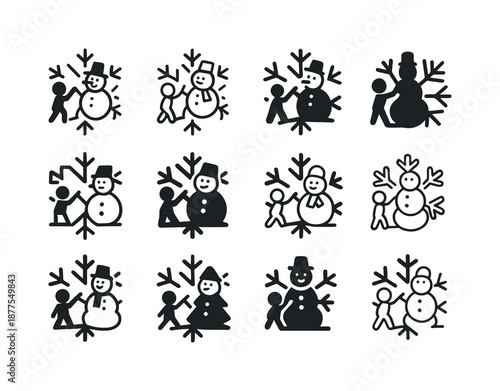 Snowman Icons Collection. Snowman-building contest and snow activities. Icon set. Set Logo of Snowman-building contest and snow activities: