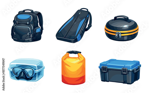 Adventure gear: backpacks, cases, and equipment for outdoor activities