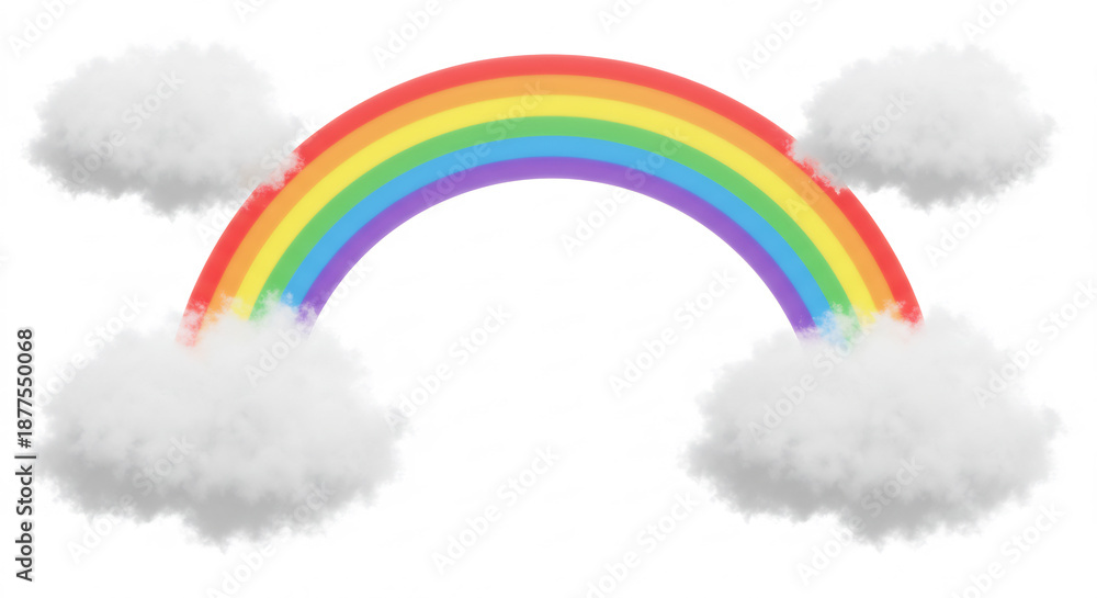 Fototapeta premium Magnifique arc-en-ciel aux couleurs vives s'�tire entre des nuages moelleux une vision douce et pleine d'espoir.. AI Generated