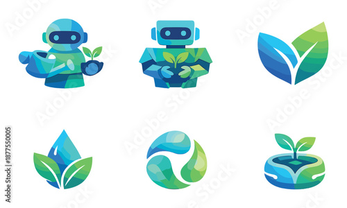 Futuristic eco-friendly technology icons with robots and nature elements