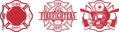 Firefighter emblems and symbols in red fire department