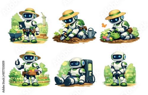 Cute robots gardening with tools in various poses