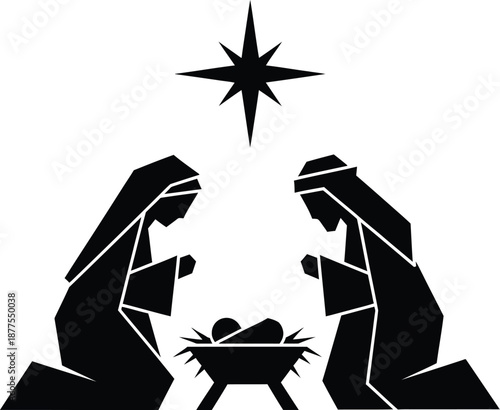 Stylized black silhouette illustration of the holy nativity scene featuring Mary Joseph and baby Jesus under the bright star of Bethlehem