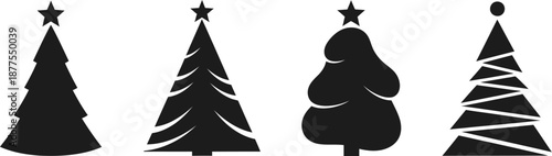 Collection of four distinct black silhouette icons representing various styles of decorated and stylized evergreen Christmas trees against a white background ideal for holiday design projects.