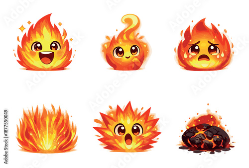 Set of cute cartoon fire characters with various expressions and lava rock