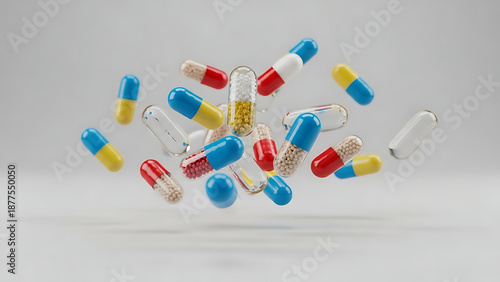 Colorful capsules floating in mid-air, scattered around, viewed from a slight angle, Whisk_056110310bda84a95794b2221dcba7ebdr.png reference
