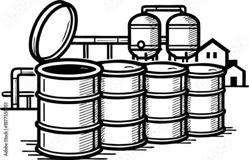Black White Line Art Cartoon of Open Oil Drums and Tanks, Industrial Barrel Vector