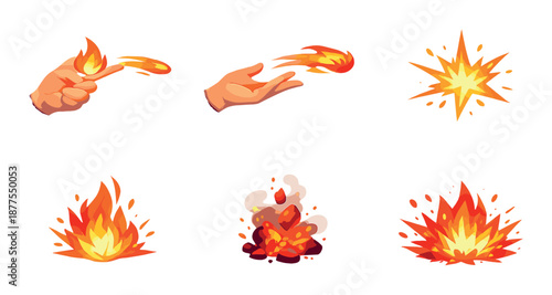 Magic fire effects on hands and explosions in glowing orange and yellow light