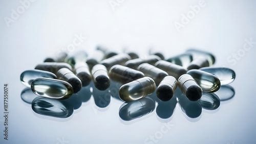 Close-up view of assorted capsules scattered on a reflective surface, showcasing various capsules, medicine, health supplements, pharmaceuticals, and wellness products.