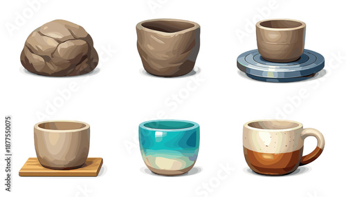 Evolution of ceramic cup: stages of pottery crafting from clay to finished mug