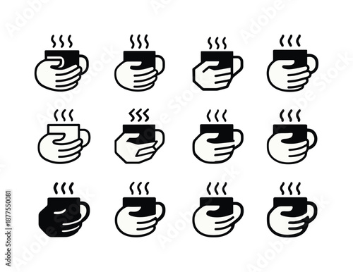 Latte Logo Variations. Latte in hand. Icon set. Set Logo of latte in hand: warm mug grip. harmonious logo variations of the same emblematic concept, each with
