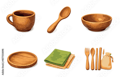 Eco-friendly wooden utensils set with bowl, cup, spoon, plate, and napkins