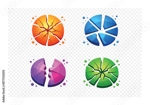 Colorful cracked discs in orange, blue, purple, and green