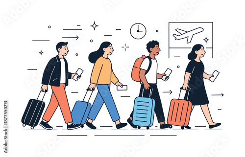 Modern Airport Travel. Airport journey. Travelers walking through a modern airport terminal with luggage and boarding passes. Smooth movement and relaxed