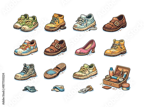 Worn-Out Footwear Icons. Worn-out footwear. Colorful isometric vector icons set of worn-out footwear: scuffed shoes, worn soles, frayed laces, cracked leather
