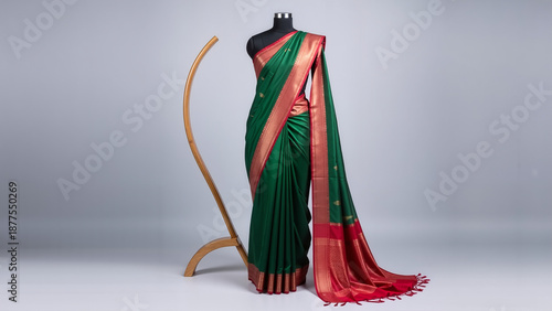 Elegant green and red traditional saree displayed on a mannequin with wooden stand