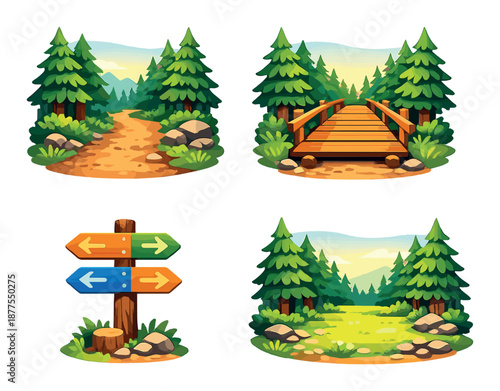 Colorful cartoon forest scene with pathways, bridge, signpost, and clearing