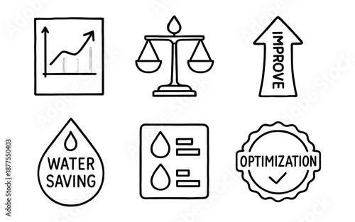 Hand drawn business icons: growth, balance, improvement, and sustainability symbols