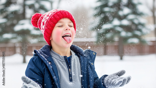 Happy boy enjoying snow, sticking out his tongue, winter background