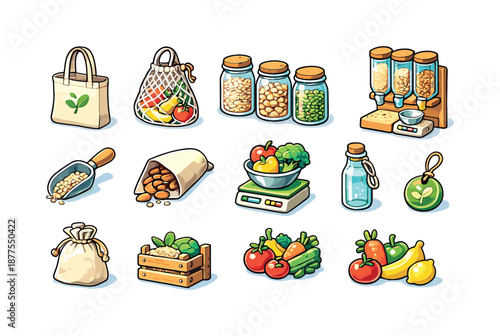 Sustainable Shopping Icons. Low-Waste Shopping. Colorful isometric vector icons set of Low-Waste Shopping: cloth tote, produce net bag, bulk jars, refill