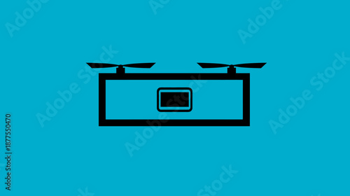 A black drone illustration on a blue backdrop. The drone has two rotors