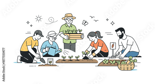 Community Garden Collaboration. Community garden work together. Neighbors planting seedlings and tending garden beds side by side. Calm cooperation and shared