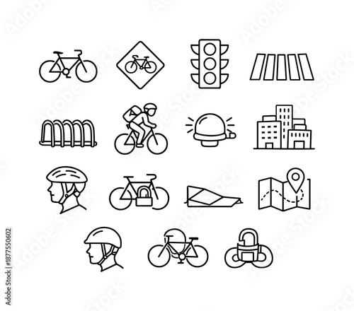 Urban Cycling Icons. Urban Cycling. Line icon set of Urban Cycling: city bicycle, bike lane sign, traffic light, crosswalk, bike rack, backpack rider, bell
