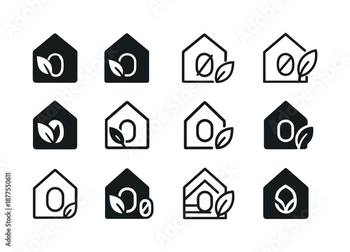 Eco-Friendly Home Logos. Energy-efficient home design trends. Icon set. Set Logo of energy-efficient home design trends: zero-emissions blueprint. harmonious