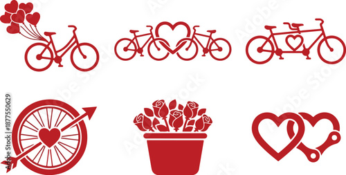  Happy Valentine's Day 2026 Red Bicycle Silhouette Icon Set with Hearts and Romantic Elements Isolated on White Background