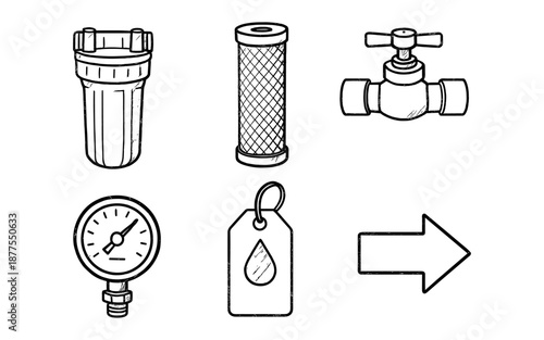 Hand drawn water filtration components with pressure gauge and valves