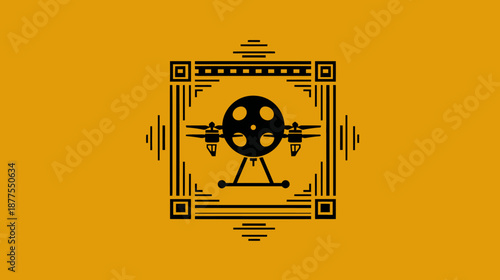 Black drone illustration within a patterned frame on an orange background, suggesting a technology concept