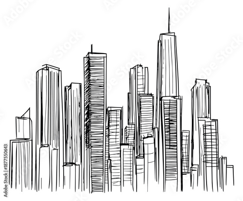 Hand drawn line art illustration of a city skyline depicting tall buildings and urban architecture for business and travel designs