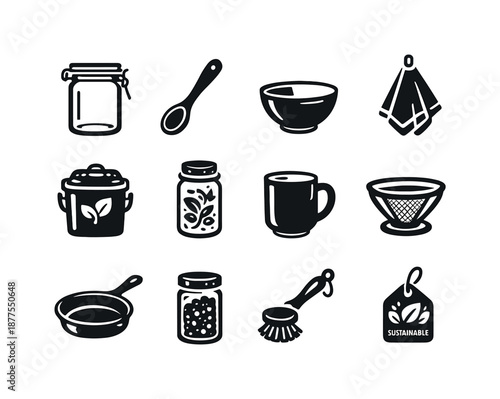 Eco-friendly Kitchen Icons. Eco-friendly kitchen. Solid icon set of Eco-friendly kitchen: glass container, wooden spoon, metal bowl, cloth towel, compost